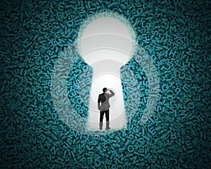 Keyhole on green big data background with businessman standing