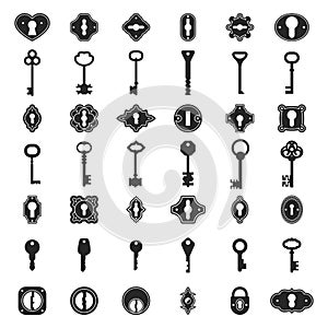 Keyhole key icons. Vintage keys and keyholes signs for logo