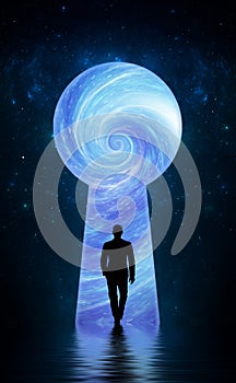 Keyhole man businessman goes to new opportunities cosmos space, portal way to success. Concept space of a man path to success