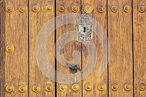 Keyhole in an old paneled wooden door; rusty