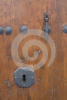 Keyhole in a rustic door.