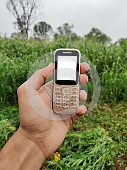 Keypad mobile phone holding in hand with white blank screen