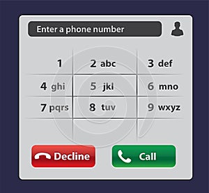 Keypad with numbers and letters for phone. User interface keypad for smartphone. Keyboard template in touchscreen device