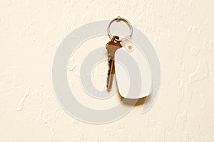 Keyring with key and white fob on wall