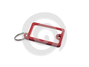 Keyring label is a red on a white background