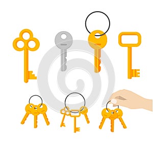 Keys bunch vector, key hanging on ring, hand holding keychain photo