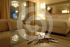 Keys on desk apartment keychain rent hotel room night bread and breakfast home house real estate agent interior