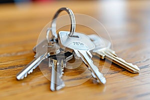 Keys on desk apartment keychain rent hotel room night bread and breakfast home house real estate agent interior