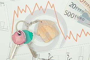 Keys, euro and downward graphs representing crisis of real estate market. Reduced housing prices