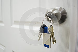 Keys hanging from a house doorknob