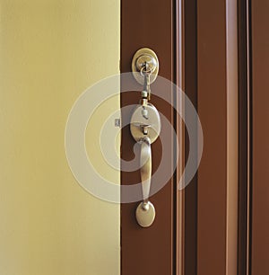 Keys in house home front door lock. Home ownership security concepts elements