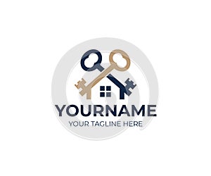 Keys and house logo template. Real estate and sale property vector design