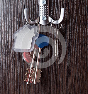 Keys and House shaped keychain on wooden background
