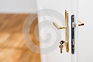 Keys in the keyhole with beautiful golden doorknob photo