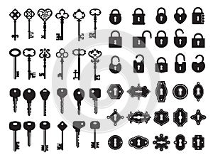 Keys and keyhole. Logo collection of modern and retro house keys secret gate padlock vector badges