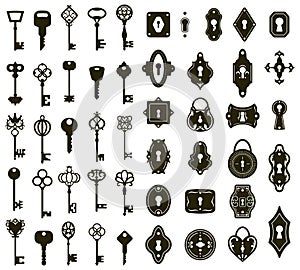 Keys and keyholes. Vintage house door keys and keyholes, decorative keys silhouettes vector illustration set. Antique