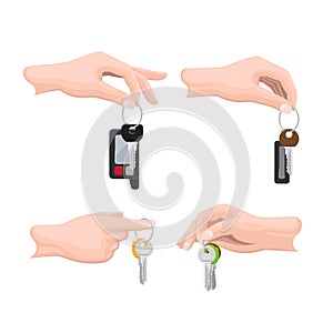 Keys on Keyring in Human Hand Flat Vectors Set