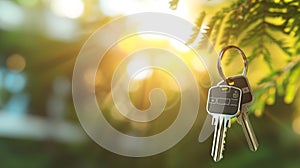 Keys on a light green blurred bokeh background. Concept of buying a house, new home celebration, real estate, and