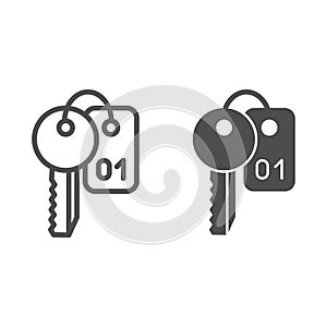 Keys line and glyph icon. Classic room key with number symbol, outline style pictogram on white background. Hotel