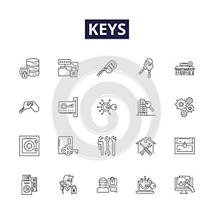 Keys line vector icons and signs. keyring, security, open, unlock, door, ignition, cylinder, safe outline vector