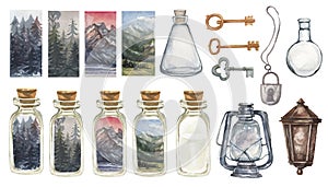 Keys, lock glass jars, retro items, gas lantern scenery forest watercolor illustration hand drawn big set magic fairy tale