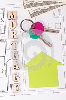 Keys with money on electrical diagrams, mortgage loan for buying house concept