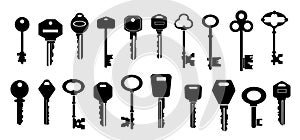 Keys silhouettes. Black shapes of modern and vintage key collection with different heads sizes and forms. Vector real