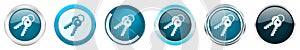 Keys silver metallic chrome border icons in 6 options, set of web blue round buttons isolated on white background