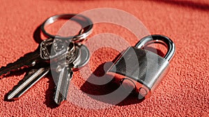 Keys And Silver Padlock On Red