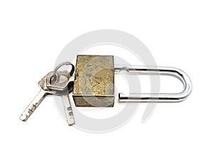 Keys stuck in a old lock isolated on a white background