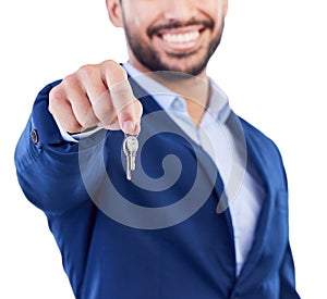 Keys, studio hands and happy man, realtor or salesman for new house investment, property payment or sales success. New