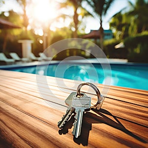 keys on table by the pool, new house in the background. AI Generated