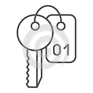 Keys thin line icon. Classic room key with number symbol, outline style pictogram on white background. Hotel business