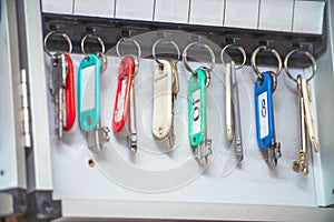 Keys to the doors with tags hang on hooks in a special drawer