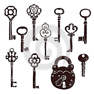 Keys vintage collection, old keys vector set