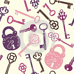 Keys vintage seamless pattern, old keys vector background