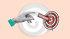 Keyword Advertising. Red arrow hit center of target. Advertising business and marketing concept. Keyword research in SEO