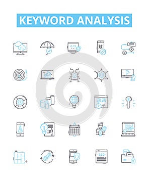 Keyword analysis vector line icons set. Keyword, Analysis, Research, Strategies, Targeting, Optimization, Ranking