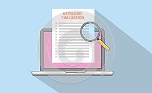 Keyword or keywording marketing seo analysis evaluation control with laptop document and magnifying glass