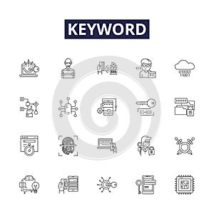 Keyword line vector icons and signs. Phrases, Search, Terms, Queries, Tags, Cues, Keywords, Signals outline vector