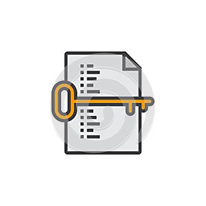 Keyword list symbol. Key and document line icon, filled outline