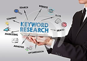 Keyword Research. Content, Blog, Brand and Marketing concept. Man holding a tablet computer