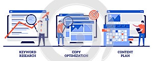 Keyword research, copy optimization, content plan concept with tiny people. Professional SEO services abstract vector illustration
