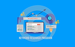 Keyword research program, search engine optimization, seo ranking, data analysis. Flat design vector banner.