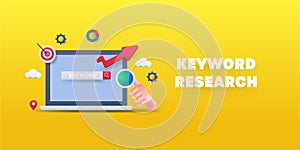 Keyword research and search engine optimization - 3d style minimal design with yellow background.