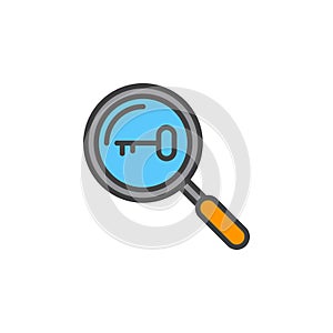 Keyword research symbol. magnifying glass and key line icon