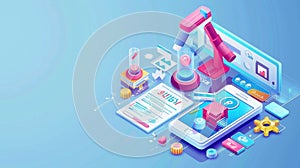 Keyword research tool banner on blue background with isometric icons. Modern logo sign, microscope and smartphone on