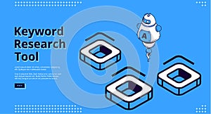 Keyword research tool banner with isometric icons