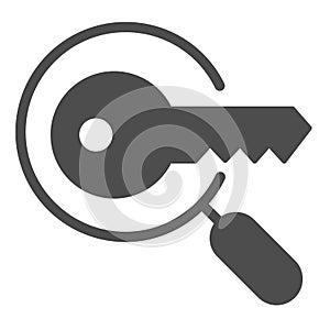 Keyword search solid icon. Magnifying glass and key vector illustration isolated on white. Research glyph style design
