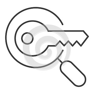 Keyword search thin line icon. Magnifying glass and key vector illustration isolated on white. Research outline style